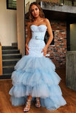 Sky Blue Tulle Sweetheart Neck Long Layered Evening Dresses Cheap Prom Dresses OKI47