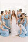 A-Line Round Neck Floor-Length Sky Blue Chiffon Bridesmaid Dress OKR90