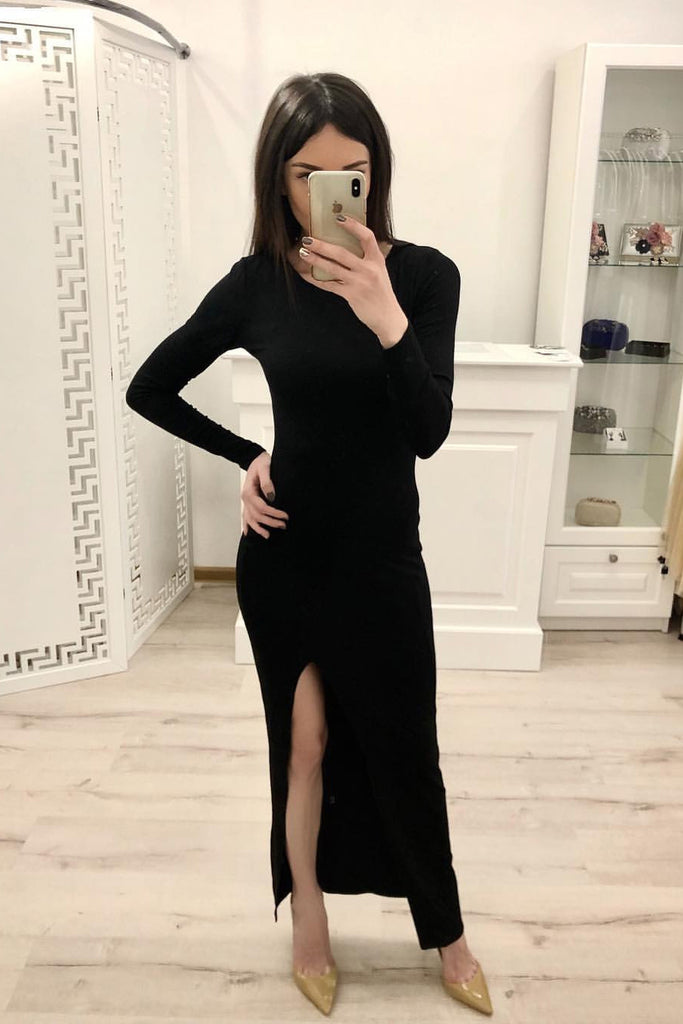 Sheath Long Sleeves Split Black Sexy Prom Dress, Formal Evening Dresses OKI80