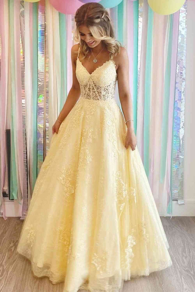 Yellow Lace Appliques A Line Tulle Prom Dresses Spaghetti Strap Formal Gown OK1971