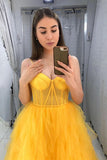 Yellow Tulle Sweetheart Long Prom Dress With Ruffles Evening Dress OKT39