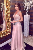 Pink Sparkly Beading V neck A Line Prom Dresses,Sleeveless Long Formal Party Dress OK785