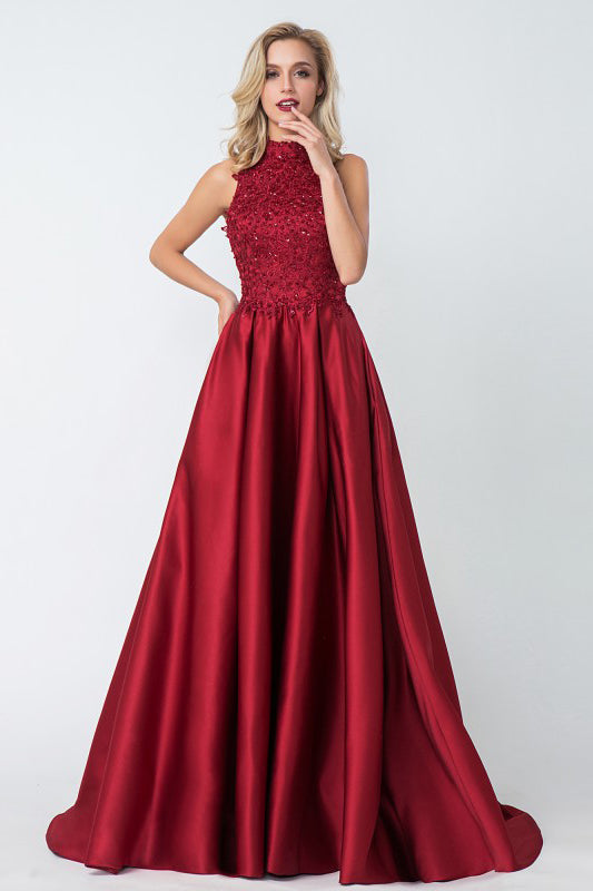Red High Neck Applique Satin Long Prom Dresses