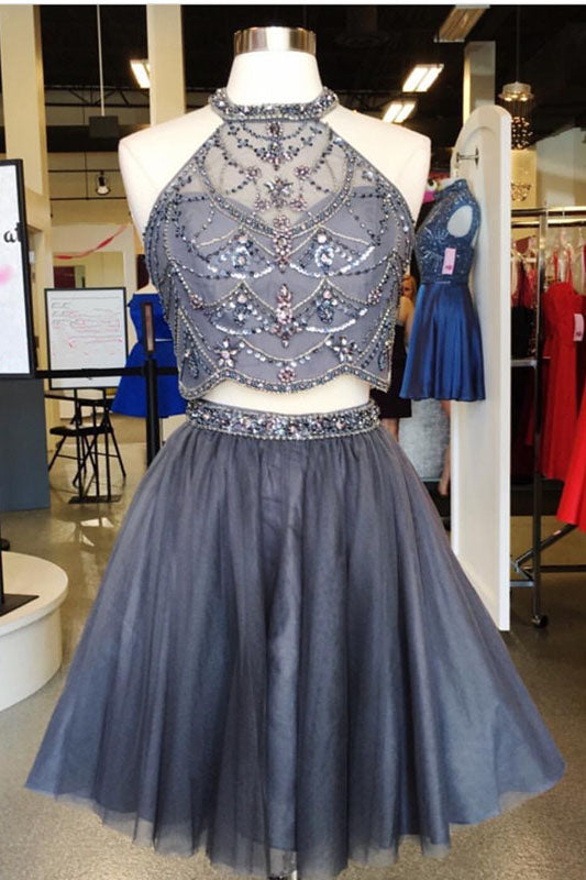 Two Piece Homecoming Dresses,Grey Homecoming Dresses,A Line Homecoming Dress,Short Prom   Dress,Beading Homecoming Dresses