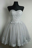Strapless Homecoming Dresses,Grey Homecoming Dress,Strapless Prom Dresses,Appliqued Prom Dress,Short Homecoming Dress,Lace Homecoming Dresses