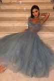 A-line Spaghetti Straps Tea Length Dusty Blue Tulle Prom Dress OKS69