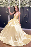 A-line Spaghetti Straps Cross Back Daffodil Satin Long Prom Dress with Train Party Dress with Pockets OKT60