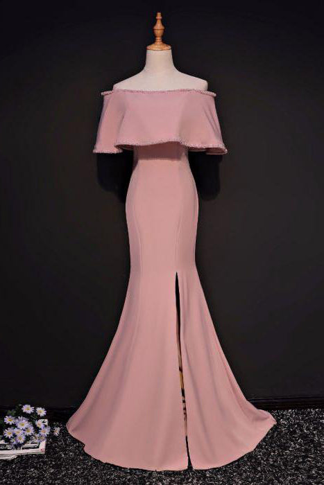 Elegant Prom Dress,Mermaid Prom Dress,Front Slit Prom Dresses,,Off-the-shoulder Evening   Dresses,Pink Prom Dress