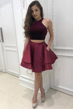 Two Pieces Homecoming Dresses,Burgundy Homecoming Dresses,Short Prom Dress,Halter Homecoming Dresses,Cheap Party Dresses,Sexy Short Prom Dresses,Fashion Homecoming Dresses