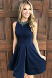 Beautiful A-Line Short Navy Blue Homecoming Dresses with Beading OKB75