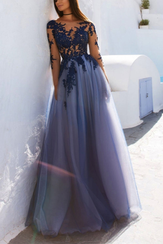  Charming Prom Dress,Long Sleeve Prom Dress,Appliques Prom Dresses,Sexy Prom Dress,See Though Evening Dress,Blue Prom Dresses