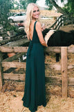 Charming A-Line V-Neck Spaghetti Straps Backless Floor-Length Dark Green Prom Dresses OK758