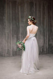 Spaghetti Straps Backless Grey Tulle Long Wedding Dress With Lace Applique OK531