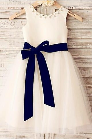 Ivory A-line Scoop Sleeveless Bowknot Tea-Length Tulle Flower Girl Dress With Belt OK713