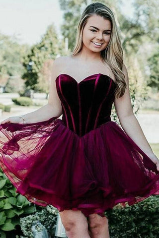 Burgundy Short Tulle Sweetheart A Line Mini Cocktail Party Dress,Cheap Homecoming Dresses OKC16
