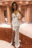 Sexy Off White Lace Mermaid Spaghetti Straps Long Prom Dresses OKP65