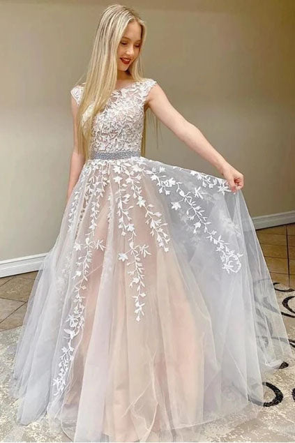 A-line Cap Sleeves Lace Appliques Beaded Prom Dress School Party Gown OKU34