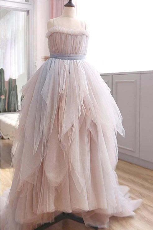 Vintage A-line Spaghetti Straps Blush Prom Dress Puffy Ruffles Party Dress OKU26