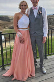 Two Pieces A Line Long Chiffon Prom Dress With White Lace OKB44