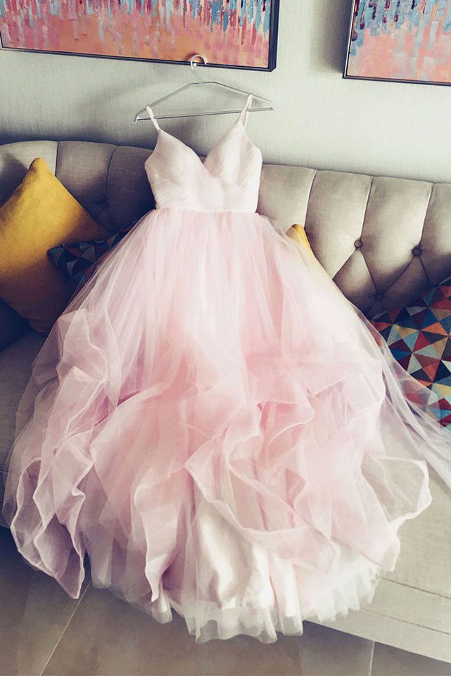 simple prom dress,spaghetti straps prom gown,tulle wedding gown,pink prom dress, pink wedding dress,v neck bridal dress