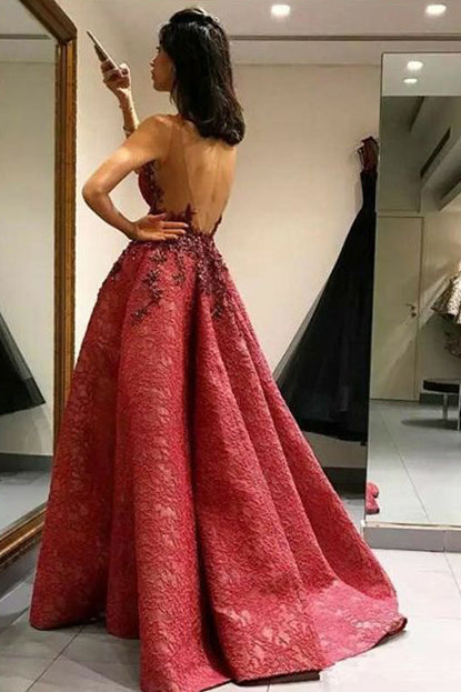 Modest A-Line Round Neck Backless Sweep Train Lace Prom Dresses with Appliques OK963