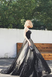 Charming A-Line Sweetheart Strapless Black Long Tulle Prom Dresses With Lace Beading OK834