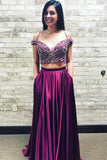 Two Piece Straps Beading Plum Purple Long Prom Dresses With Pockets OKJ28