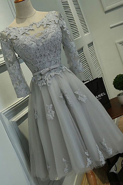 Gray homecoming dresses,A Line Prom Dress,Half Sleeves Prom Dress,Lace Appliqued Homecoming Dress,Short Prom Dresses