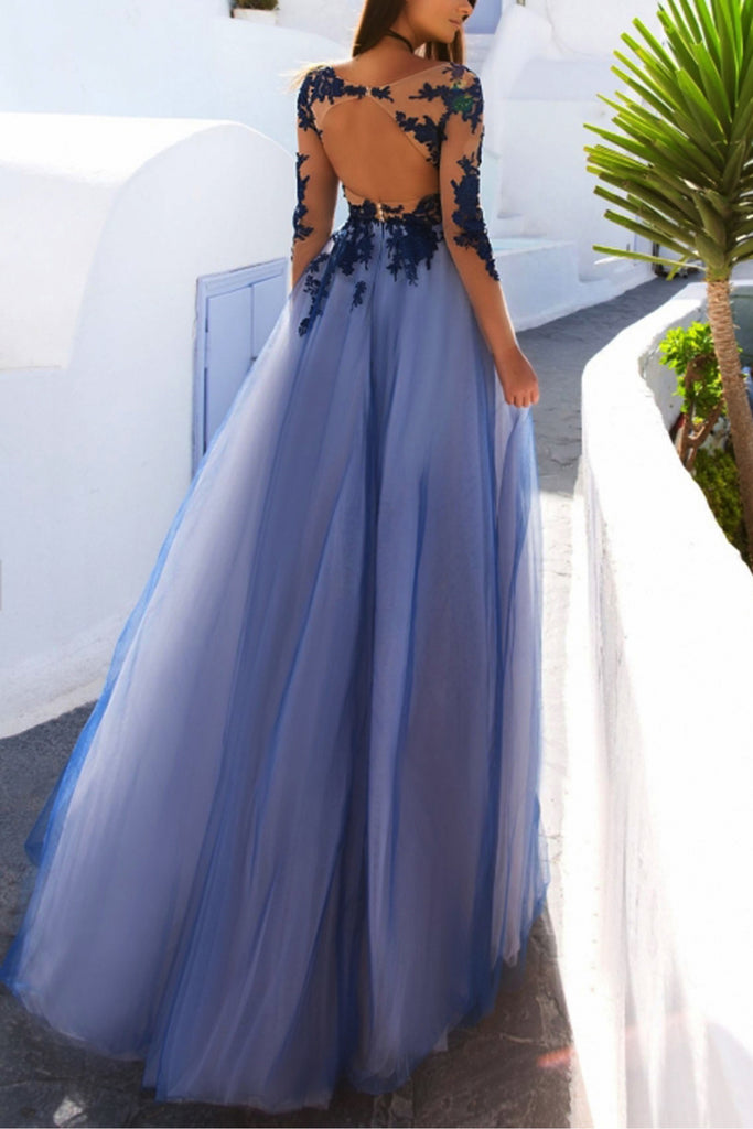 Charming Long Sleeve Appliques Sexy See Though Blue Prom Dress OK852