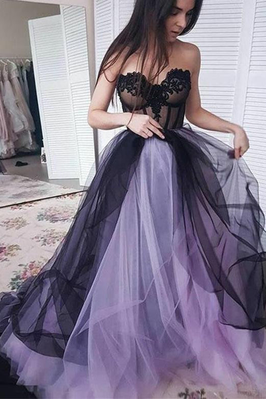 New Arrival Sweetheart Long Tulle Sleeveless Lilac Black Prom Dresses with Appliques OKH42