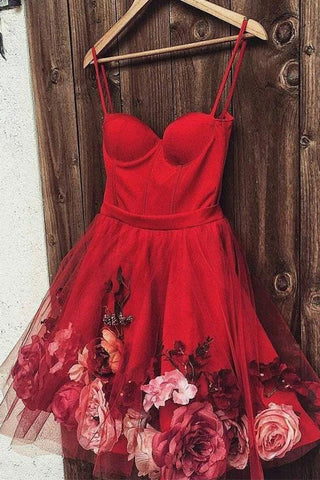 Burgundy Tulle Short Prom Dresses, Spaghetti Straps Homecoming Dress With Flowers OKL79