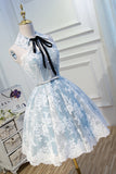 A Line Lace Appliques Halter Homecoming Dress, Short Party Dress OKN56