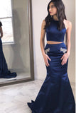 Two Piece Halter Backless Mermaid Navy Blue Prom Dress with Beading Pockets OKR9