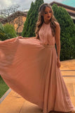 A-Line Long Floor-Length Blush Pleated Chiffon Prom Dresses with Beading OKK70