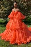 Orange Organza Ball Gown African Two Layers Prom Dress OKW38
