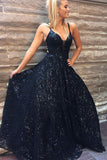A Line Spaghetti Straps Floor Length Navy Sequined Prom Dresses OKQ61