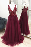 A-line V Neck Burgundy Prom Dress Beaded Tulle Long Evening Dress OKU7
