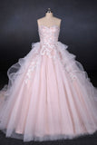 Princess Pearl Pink Ball Gown Wedding Dress Sweetheart Appliques Bridal Gown OKQ24