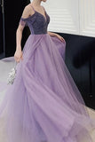 Elegant Cold Shoulder Beaded Lilac Tulle Long Prom Dress OKT95