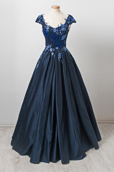 Elegant Dark Navy Cap Sleeves A-line Long Prom Gowns with Appliques OKU28