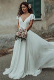 V Neck A-line Short Sleeves Wedding Dress Long Bridal Gowns OKX87