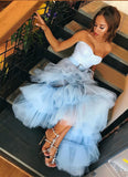 Sky Blue Tulle Sweetheart Neck Long Layered Evening Dresses Cheap Prom Dresses OKI47