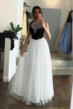 White Tulle Long Prom Dress With Black Top A-line Sleeveless Long Party Dress with Beading OKU25