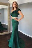 Cheap Two Pieces Mermaid One Shoulde Green Prom Dresses With Ruffles OKK69
