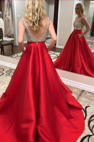 Red A Line Long Backless Beaded Prom Dresses with Pockets OKK67