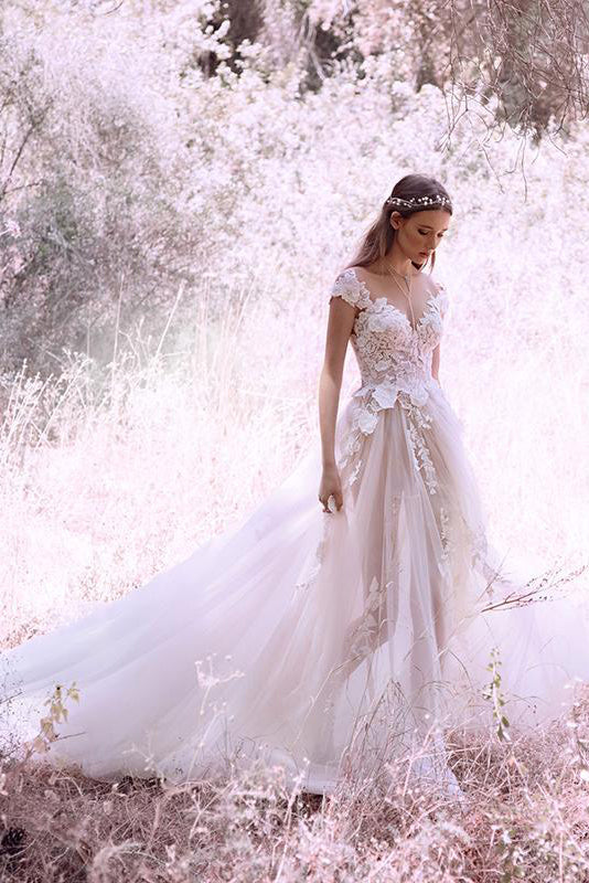 Princess Ivory Cap Sleeve Tulle Long Cheap Wedding Dress OKM84