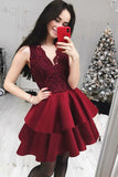 Cheap A-Line V-Neck Tiered Dark Red Homecoming Dresses with Lace Top OKB12