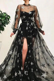 Popular Black Illusion Star Printed Long Sleeves Tulle A-line Prom Dress OKT50