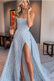 A-line Strapless Sky Blue Long Prom Dress Unique Long Evening Dress OKS24