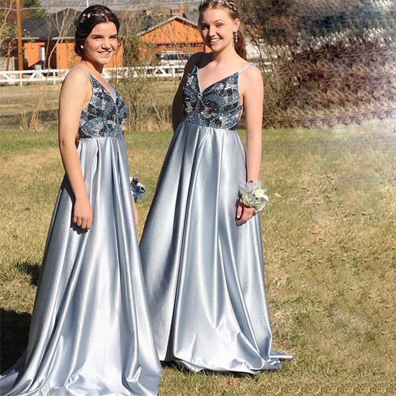 A-Line Spaghetti Straps Backless Blue Popular Prom Dresses with Beading,Bridesmaid Dresses OKH53